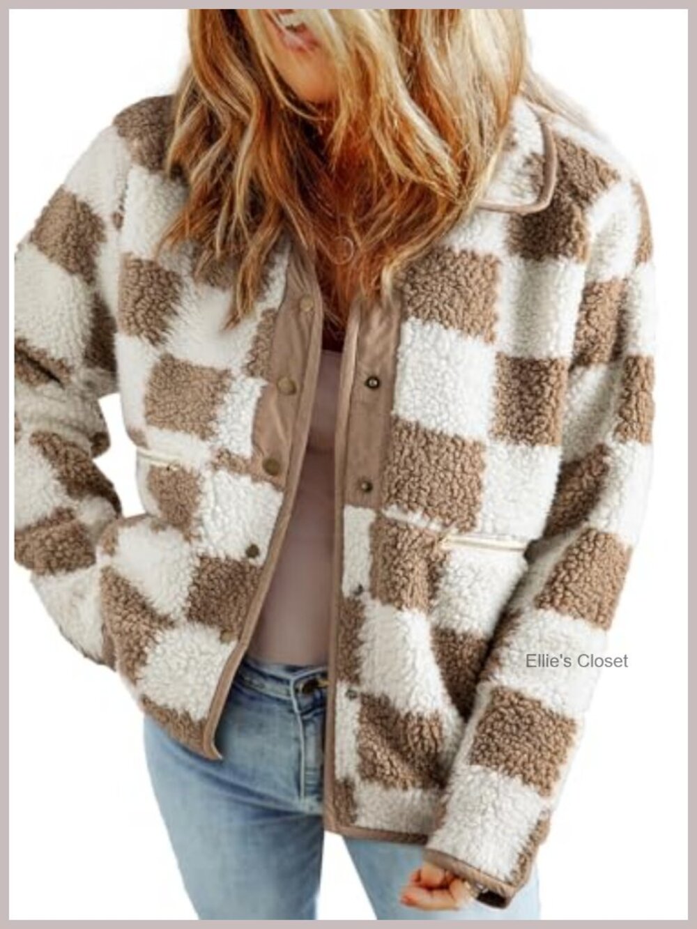 Women's Plaid Sherpa Jacket with Pockets, Button Down Winter Coat